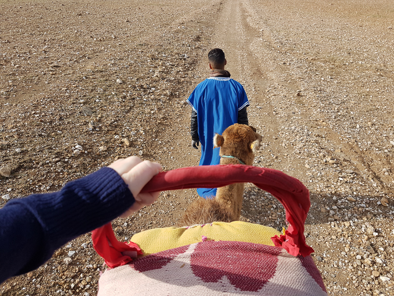 Jess riding a camel outside Marrakech