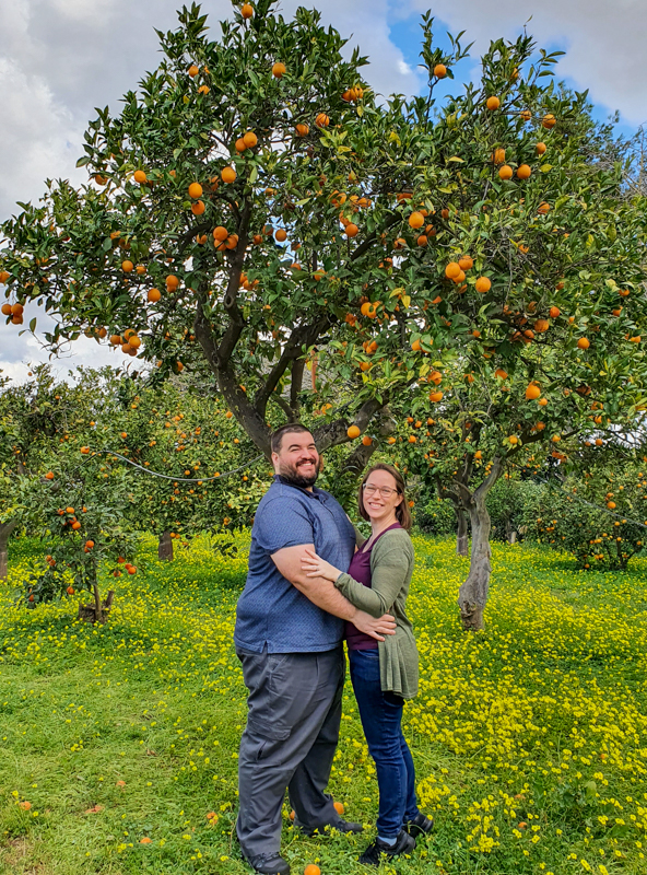 Sean and Jessica in Orange Orchard in Sicily