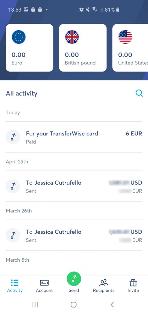 Transferwise app accounts