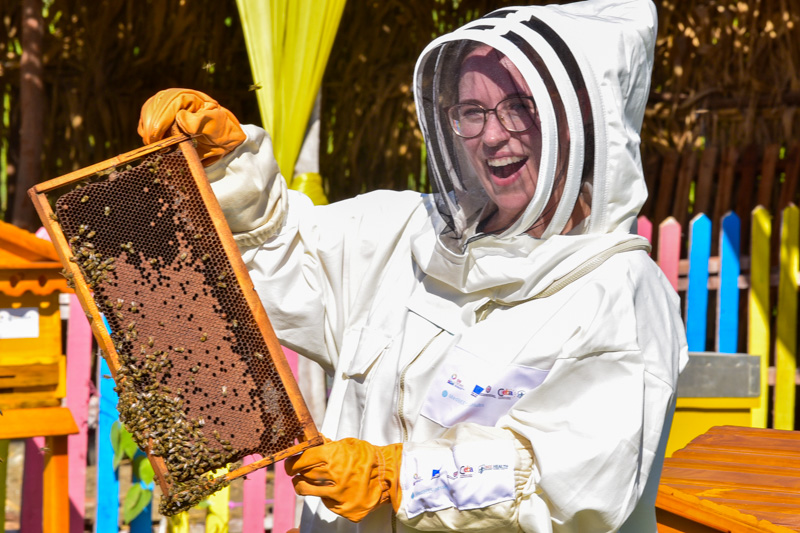 Woman in white bee suit holding a section of a bee hive